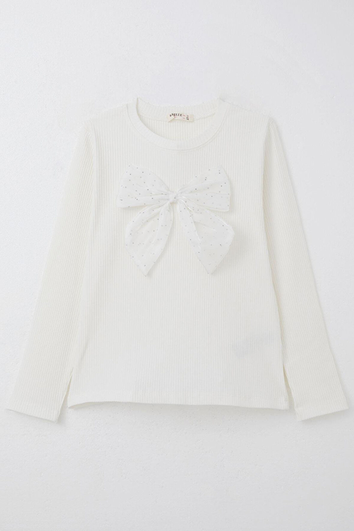 Breeze Kız Çocuk Uzun Kollu Tişört Taşlı Fiyonk Aksesuarlı 9-14 Yaş, Ekru