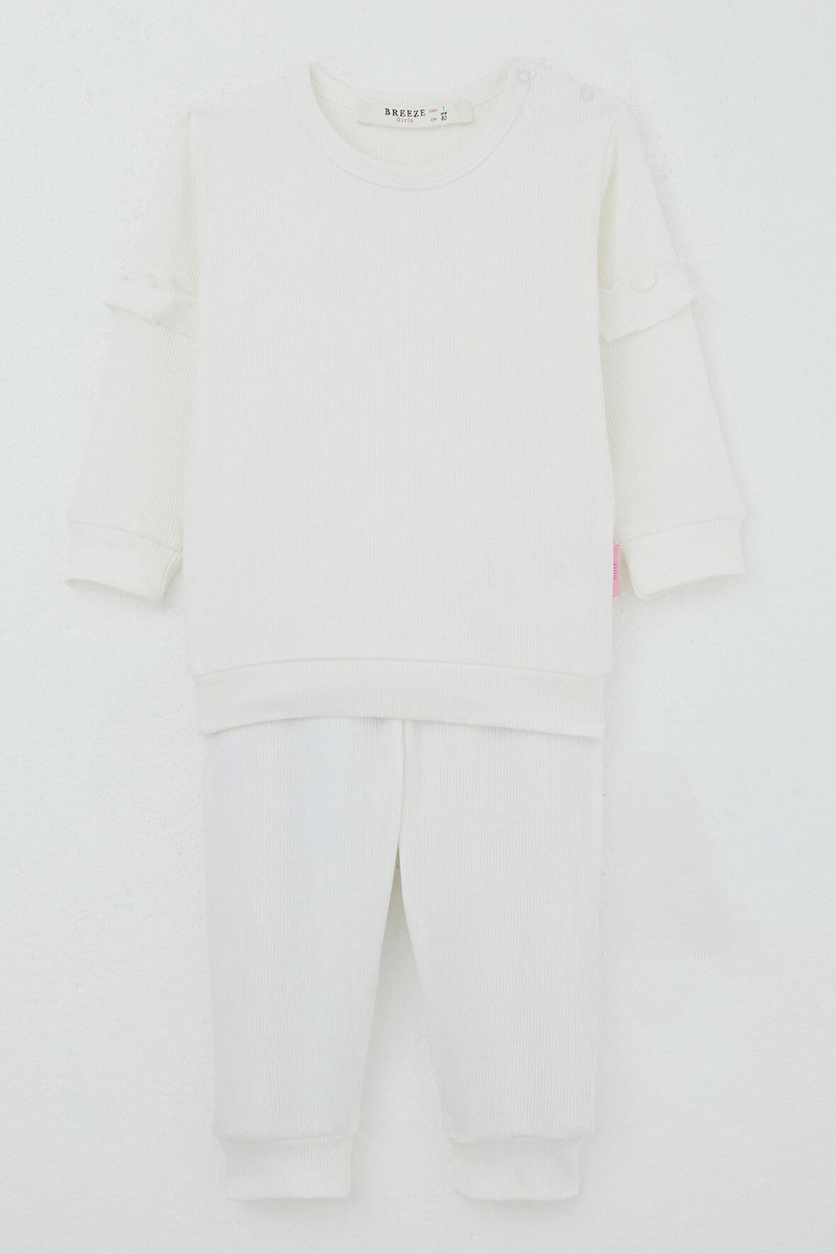 Breeze Kız Bebek Pijama Takımı Omuzdan Patlı Kolları Fırfır Detaylı 4 Ay-1 Yaş, Ekru