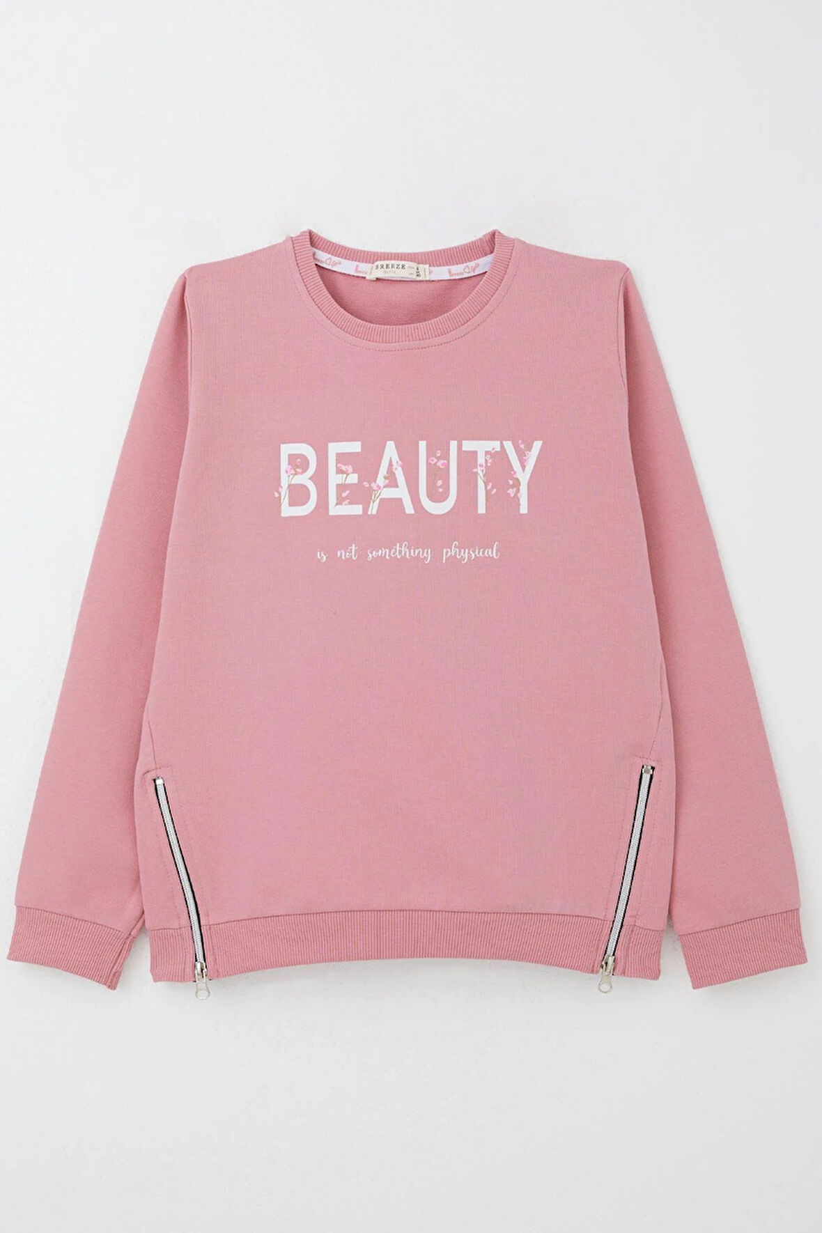 Breeze Kız Çocuk Sweatshirt Yazı Baskılı Kenarları Fermuar Detaylı 9-14 Yaş, Gülkurusu