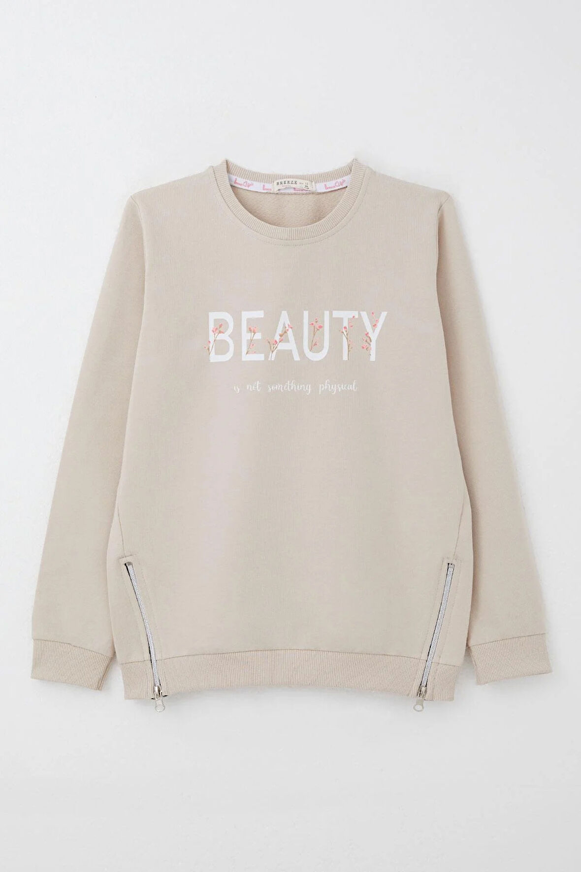 Breeze Kız Çocuk Sweatshirt Yazı Baskılı Kenarları Fermuar Detaylı 9-14 Yaş, Bej