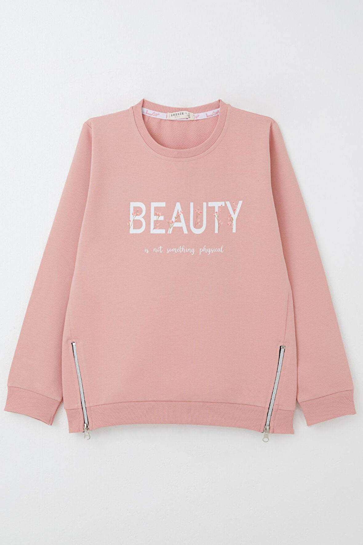 Breeze Kız Çocuk Sweatshirt Yazı Baskılı Kenarları Fermuar Detaylı 9-14 Yaş, Gülkurusu