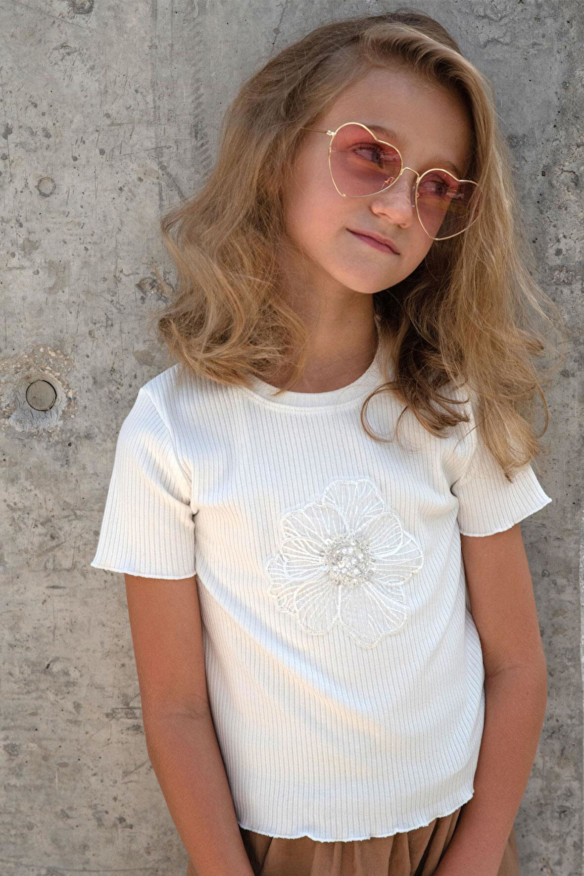 Datagridviewtextboxcolumn { Name=Marka, Index=5 } Kız Çocuk Tişört Tül Çiçek Armalı Boncuk Aksesuarlı Kemer Boy 8-14 Yaş, Ekru