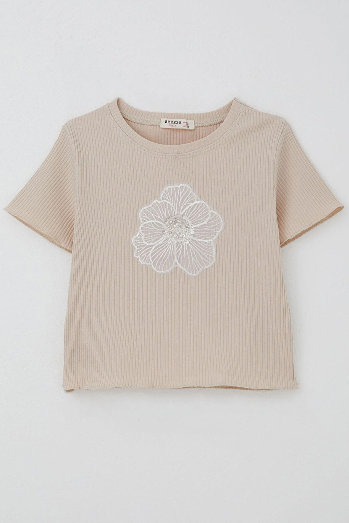 Breeze Kız Çocuk Tişört Tül Çiçek Armalı Boncuk Aksesuarlı Kemer Boy 8-14 Yaş, Bej