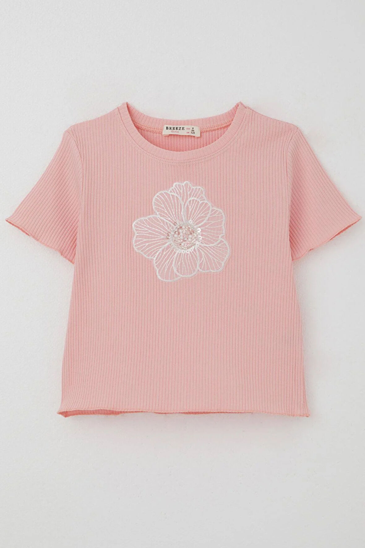 Breeze Kız Çocuk Tişört Tül Çiçek Armalı Boncuk Aksesuarlı Kemer Boy 8-14 Yaş, Pembe