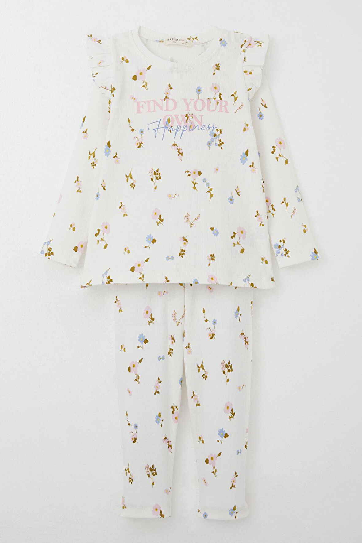 Breeze Kız Çocuk Taytlı Takım Renkli Çiçek Desenli Omuzu Fırfırlı 2-6 Yaş, Ekru