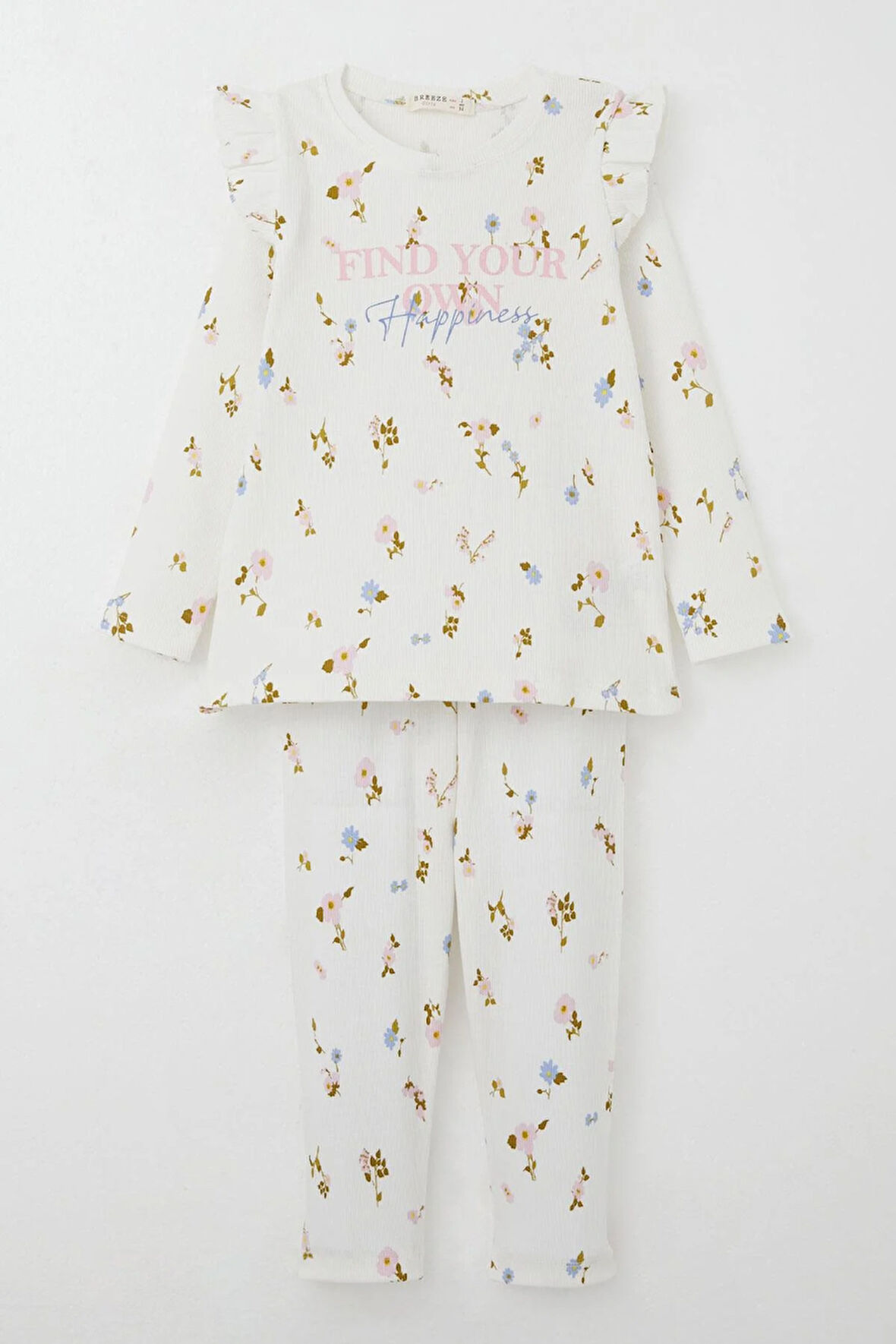 Breeze Kız Çocuk Taytlı Takım Renkli Çiçek Desenli Omuzu Fırfırlı 2-6 Yaş, Ekru