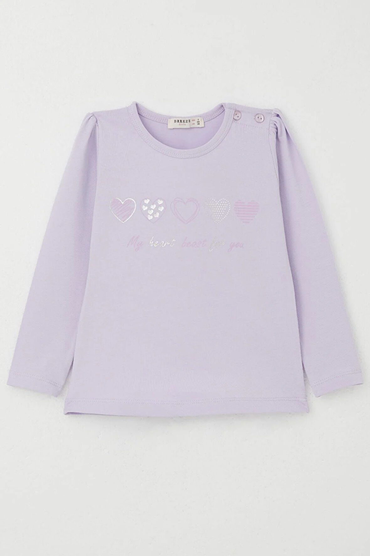 Breeze Kız Çocuk Uzun Kollu Tişört Minik Kalpler 1.5-5 Yaş, Lila