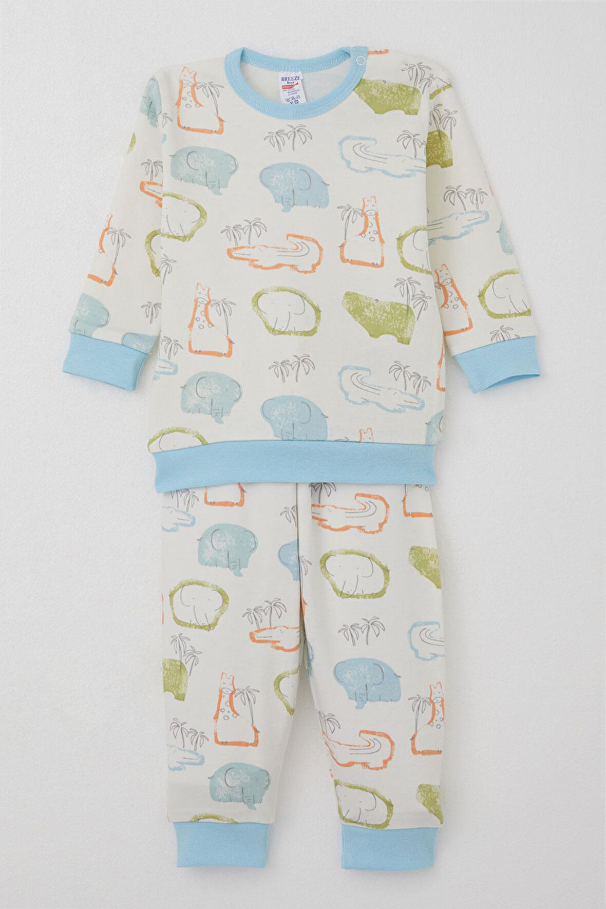 Breeze Erkek Bebek Pijama Takımı Omuzdan Patlı Safari Temalı Hayvancıklar Desenli 4 Ay-1 Yaş, Ekru