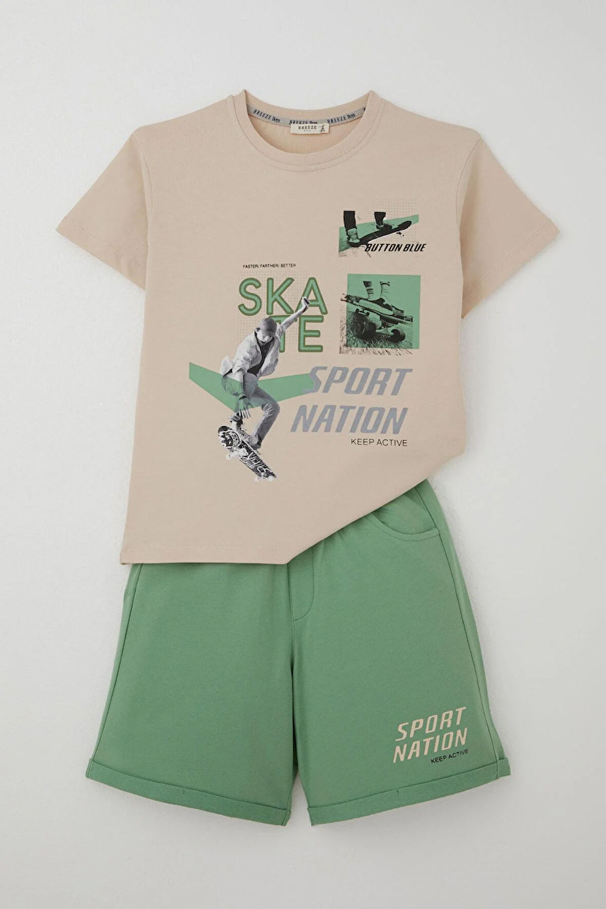 Breeze Erkek Çocuk  Şortlu Takım Havalı Kaykaycı Baskılı 8-14 Yaş, Bej