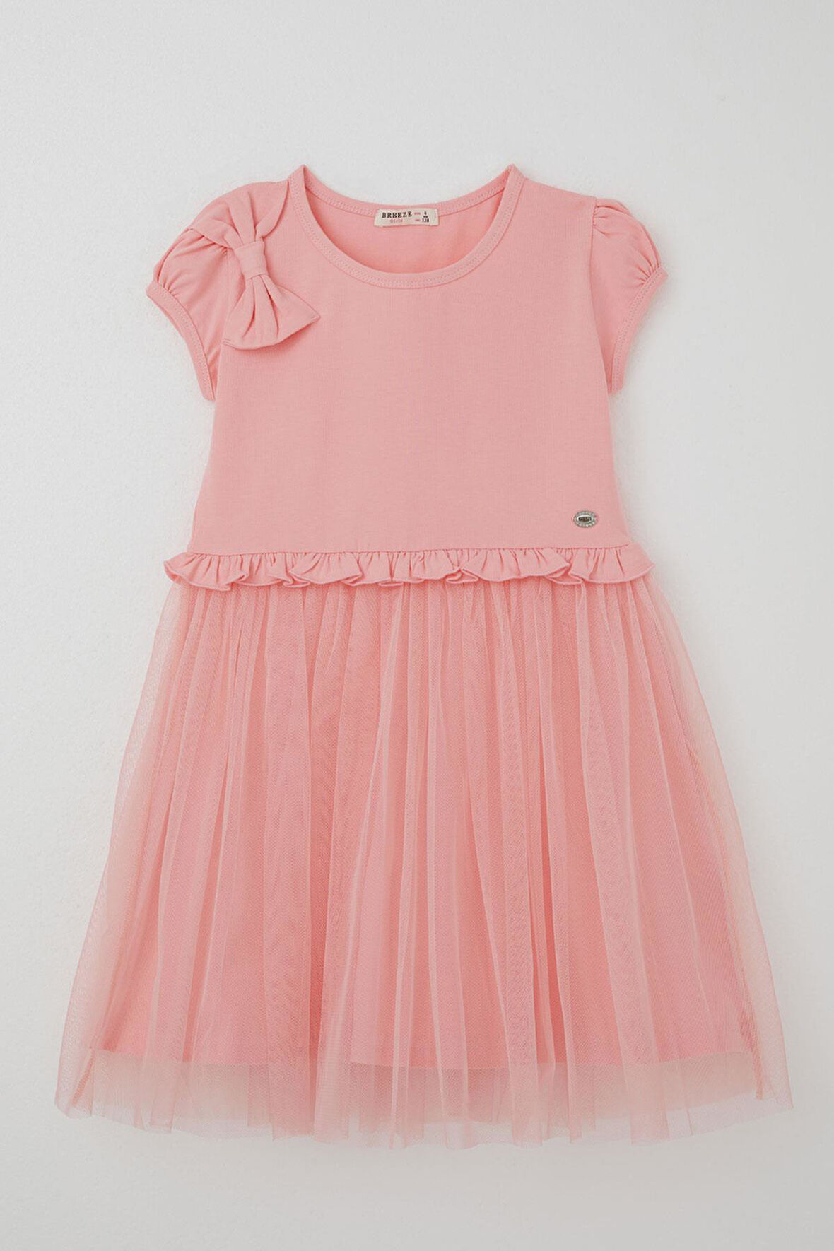 Breeze Kız Çocuk Elbise Bel Kısmı Fırfır Detaylı Omuzu Fiyonk Aksesuarlı 4-8 Yaş, Pembe
