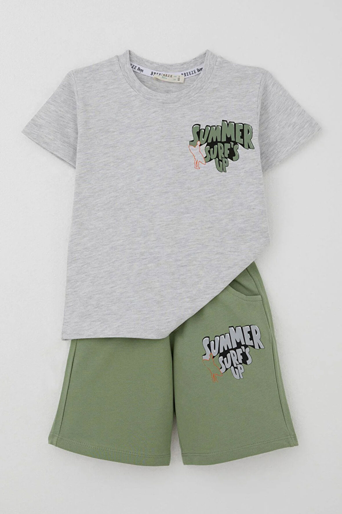 Breeze Erkek Çocuk Şortlu Takım Yaz Temalı Sörf Macerası 3-8 Yaş, Açık Gri Melanj