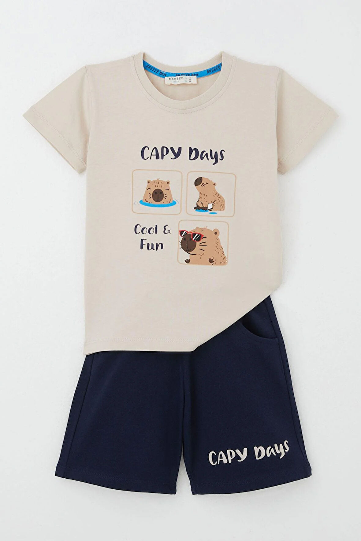 Breeze Erkek Çocuk Şortlu Takım En Havalı Sevimli Kemirgen Capybara Baskılı 1-4 Yaş, Bej