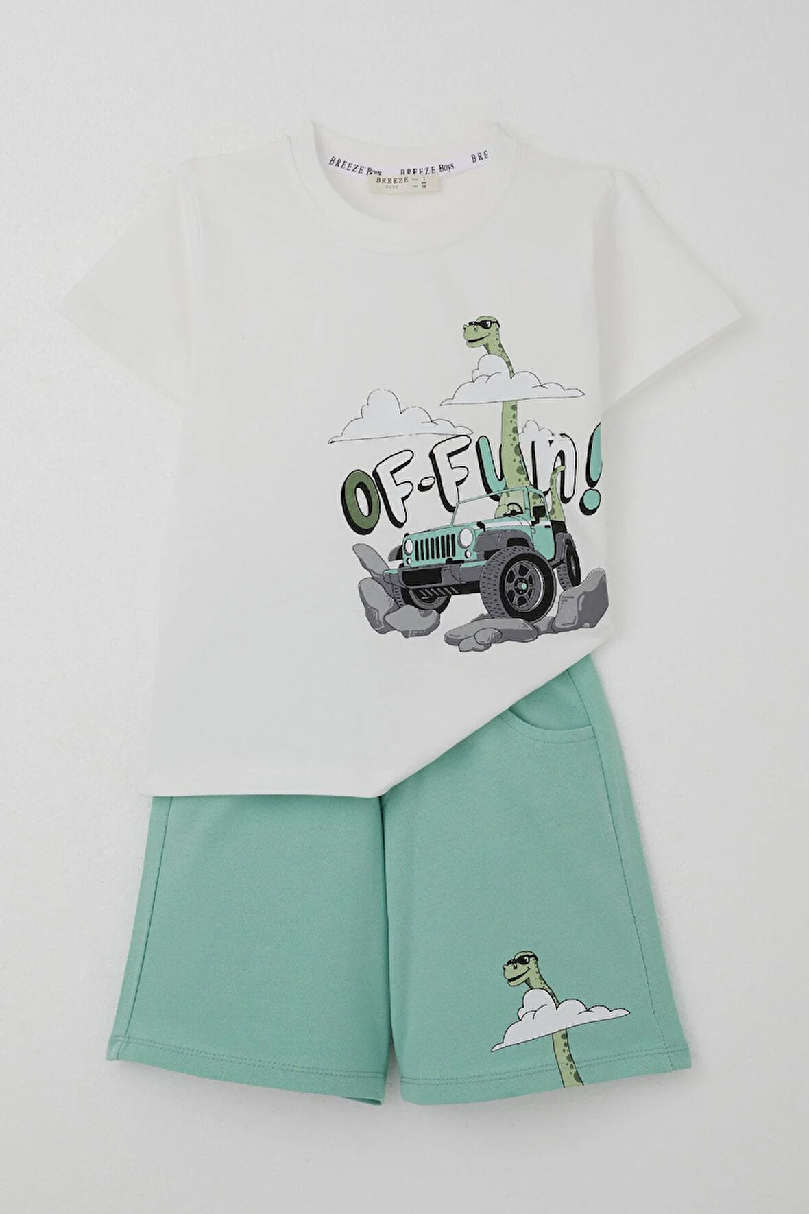 Breeze Erkek Çocuk Şortlu Takım Maceracı Dinozor Baskılı 2-6 Yaş, Beyaz