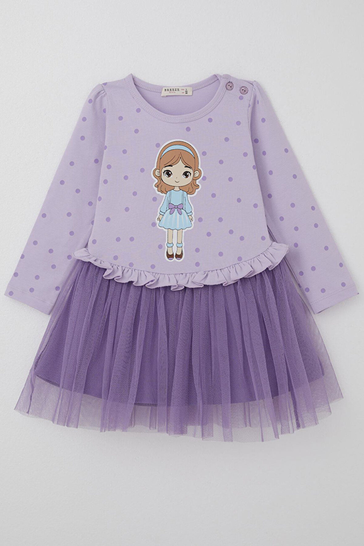 Breeze Kız Çocuk Uzun Kollu Elbise Puantiye Desenli Havalı Kız Baskılı 1.5-5 Yaş, Lila