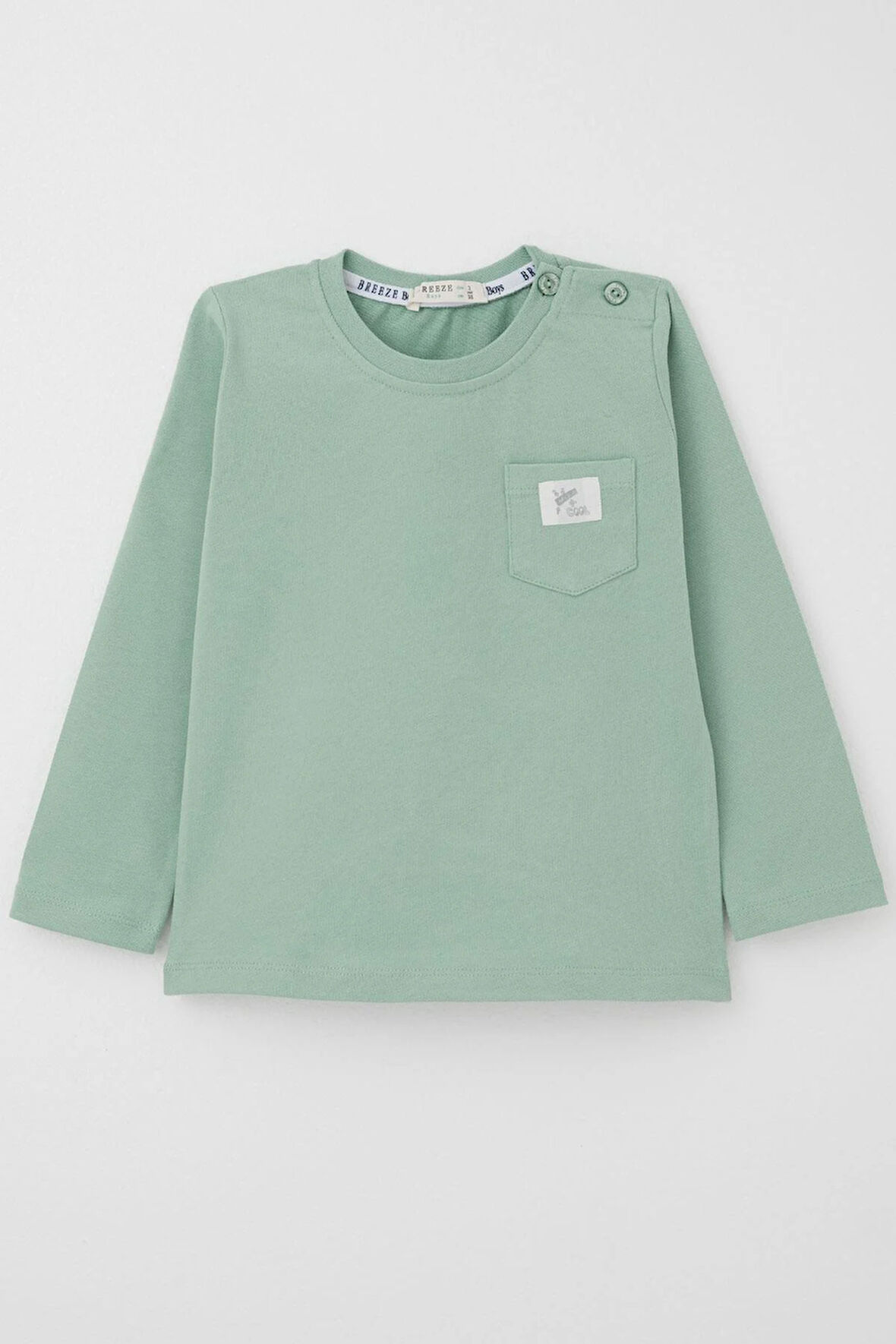Breeze Erkek Bebek Uzun Kollu Tişört Cep Detaylı Cool Yazı Armalı 9 Ay-3 Yaş, Su Yeşili