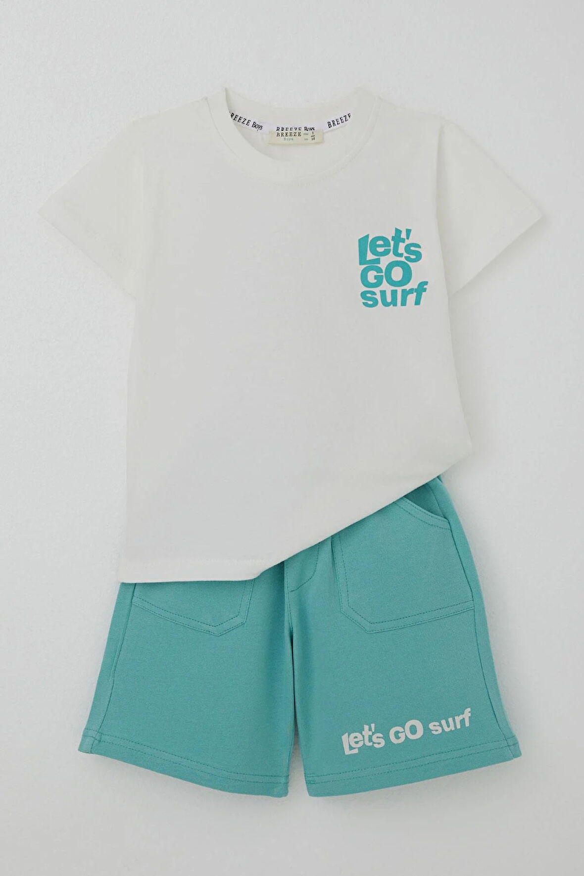 Breeze Erkek Çocuk Şortlu Takım Sırt Kısmı Sörfçü Dinozor Baskılı 2-6 Yaş, Ekru