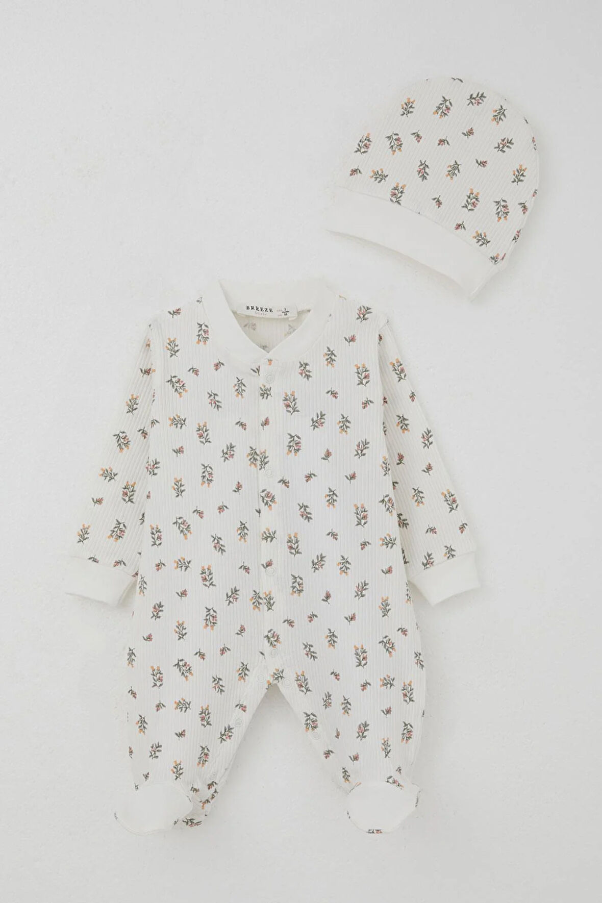 Breeze Kız Bebek Patikli Tulum Çiçek Desenli 0-6 Ay, Ekru