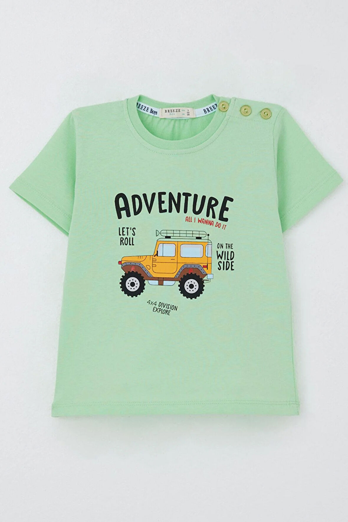 Breeze Erkek Çocuk Tişört Macera Temalı 4X4 Araba Baskılı 2-6 Yaş, Su Yeşili
