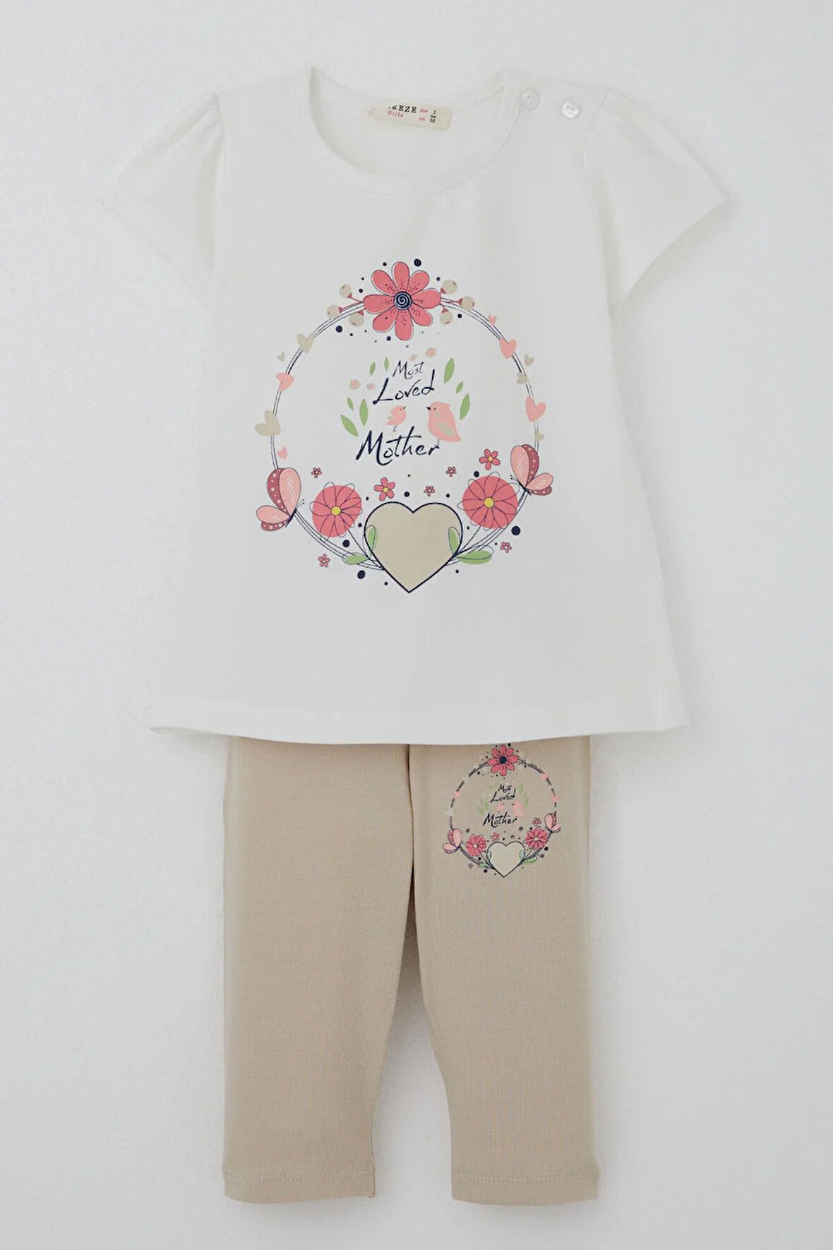 Breeze Kız Çocuk Kapri Taytlı Takım Anne Sevgisi Temalı Çiçek Baskılı 1.5-5 Yaş, Ekru