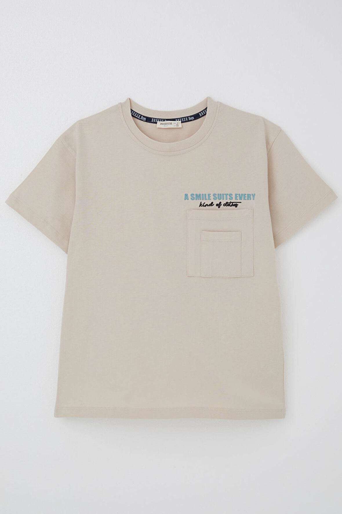 Breeze Erkek Çocuk Tişört Çift Cep Detaylı Kabartma Yazı Baskılı 6-12 Yaş, Bej