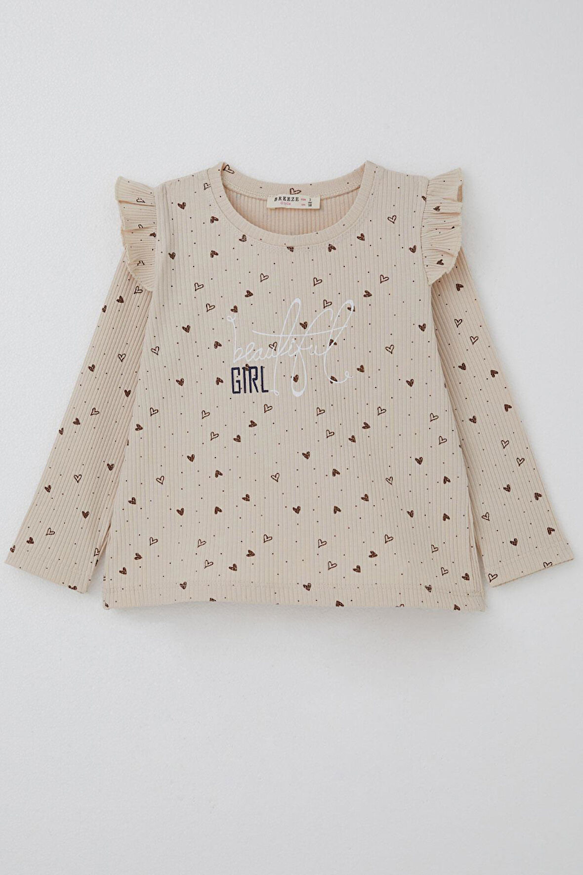 Breeze Kız Çocuk Uzun Kollu Tişört Kalp Desenli Yazı Baskılı 2-6 Yaş, Bej