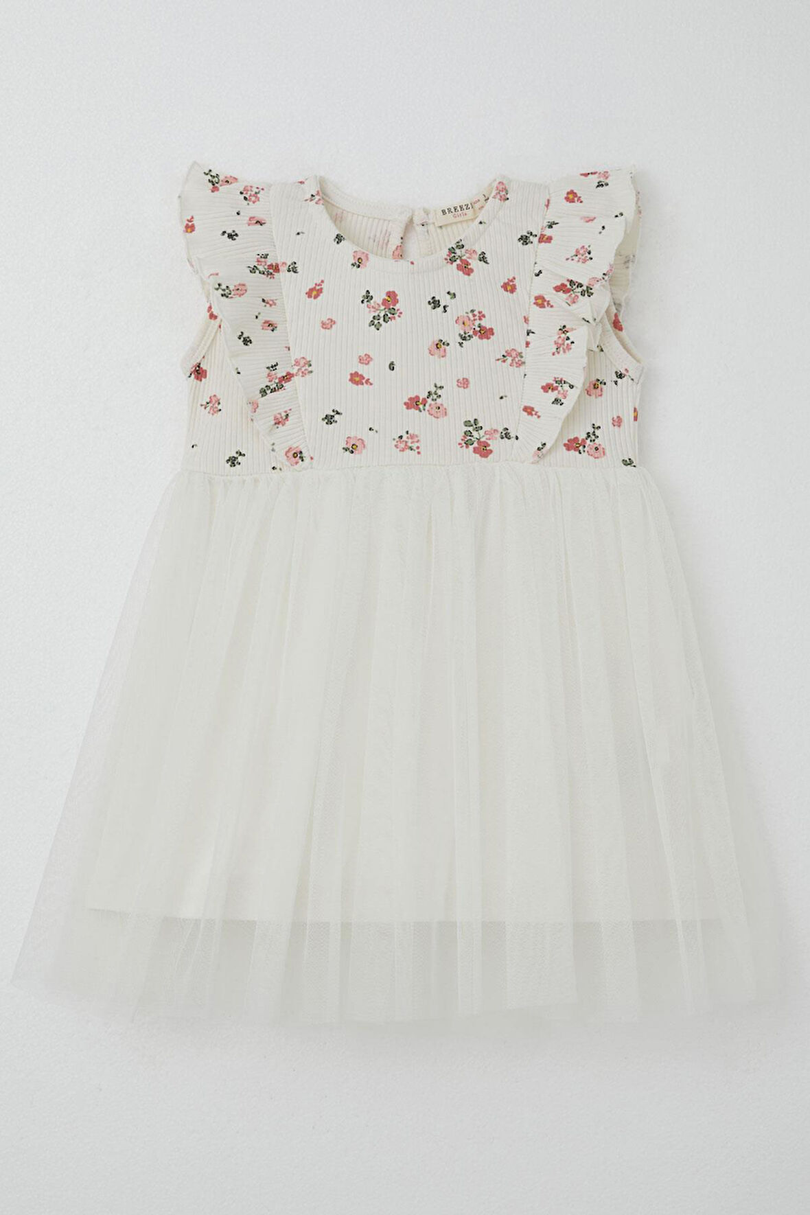 Breeze Kız Bebek Elbise Çiçekli Tüllü Fırfırlı 9 Ay-3 Yaş, Ekru