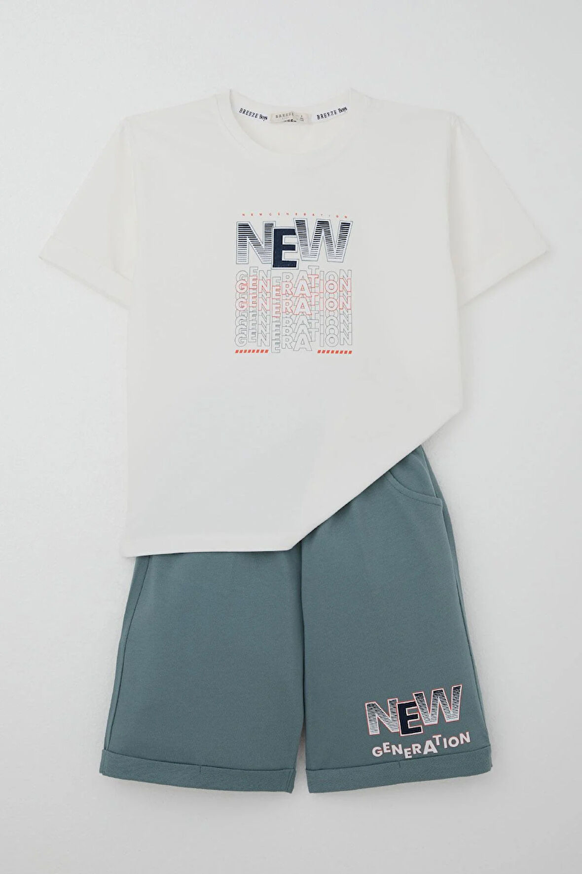 Breeze Erkek Çocuk Şortlu Takım Yazı Baskılı Cepli 8-14 Yaş, Ekru
