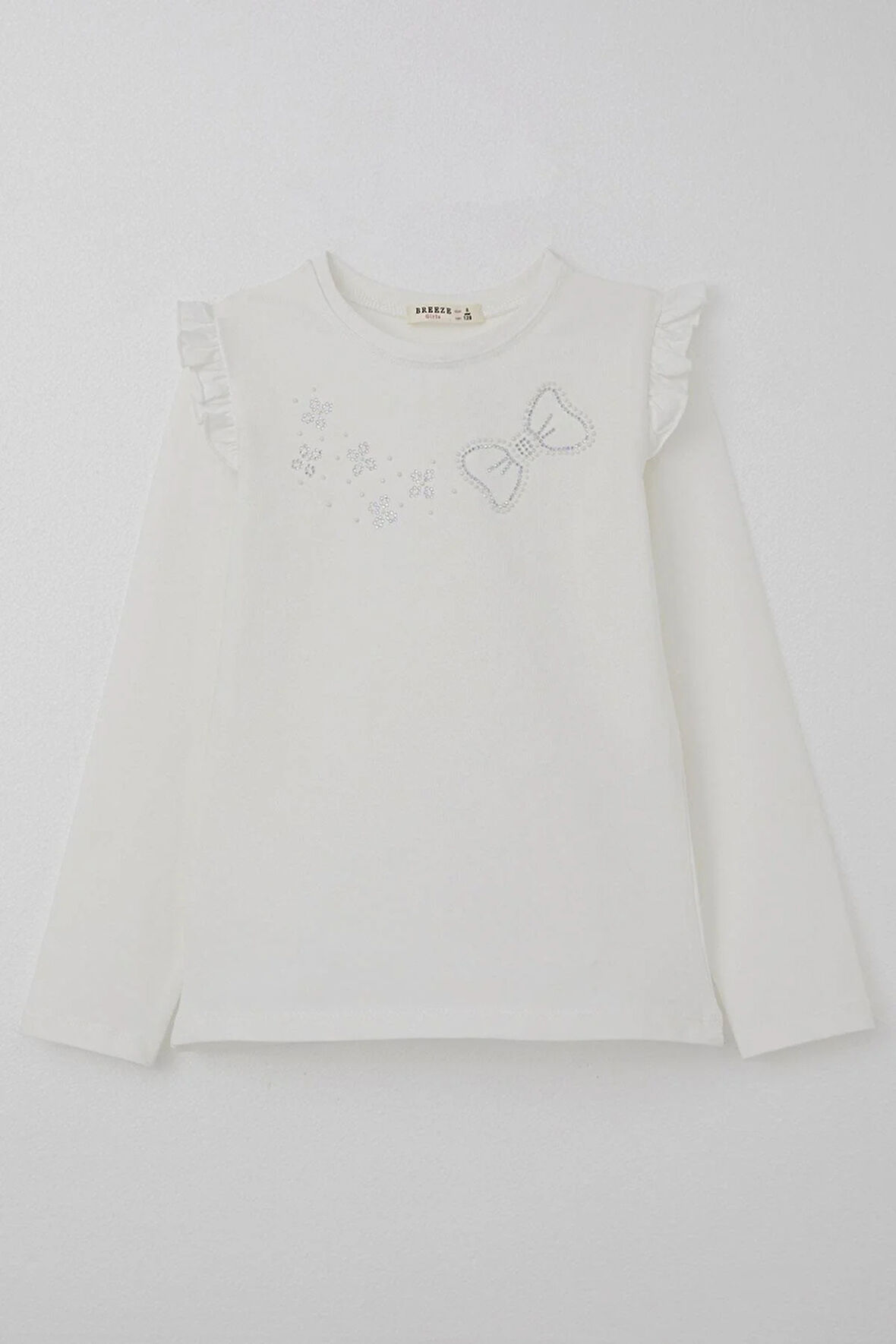 Breeze Kız Çocuk Uzun Kollu Tişört Işıltılı Taş İşleme Detaylı 4-10 Yaş, Ekru