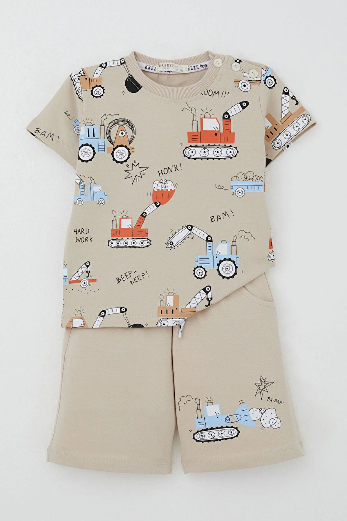 Breeze Erkek Çocuk Şortlu Takım Eğlenceli İş Makineleri Desenli 1.5-5 Yaş, Bej