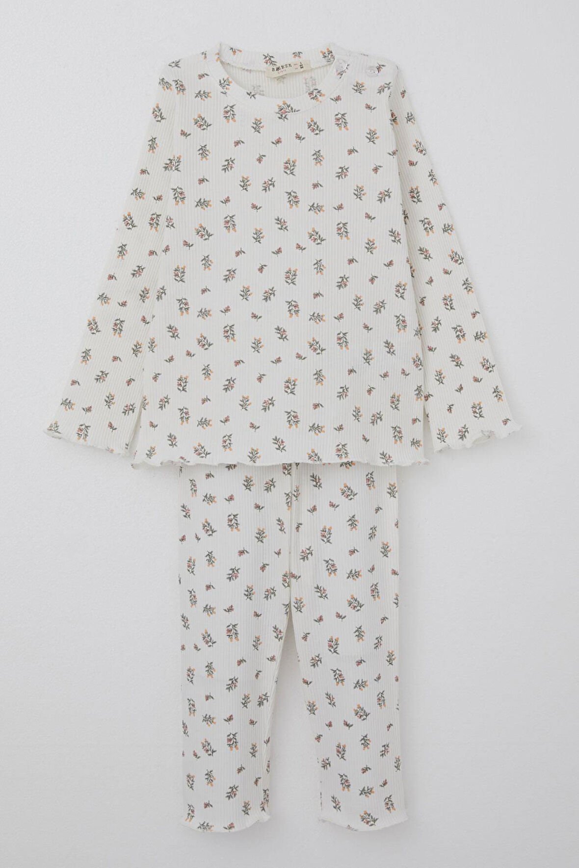 Breeze Kız Bebek Pijama Takımı Çiçek Desenli Omuzu Düğmeli 9 Ay-3 Yaş, Ekru