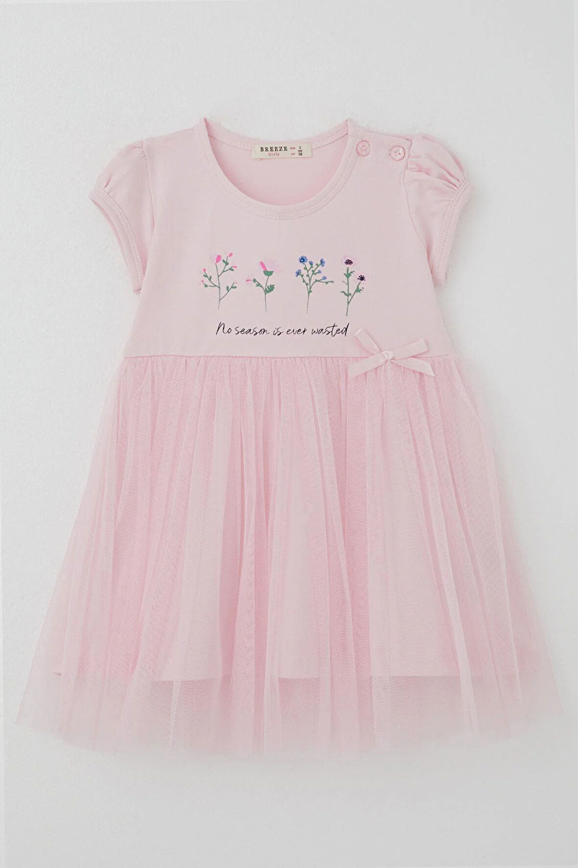 Breeze Kız Çocuk Elbise Çiçek Baskılı Tüllü Fiyonk Detaylı 1.5-5 Yaş, Pembe