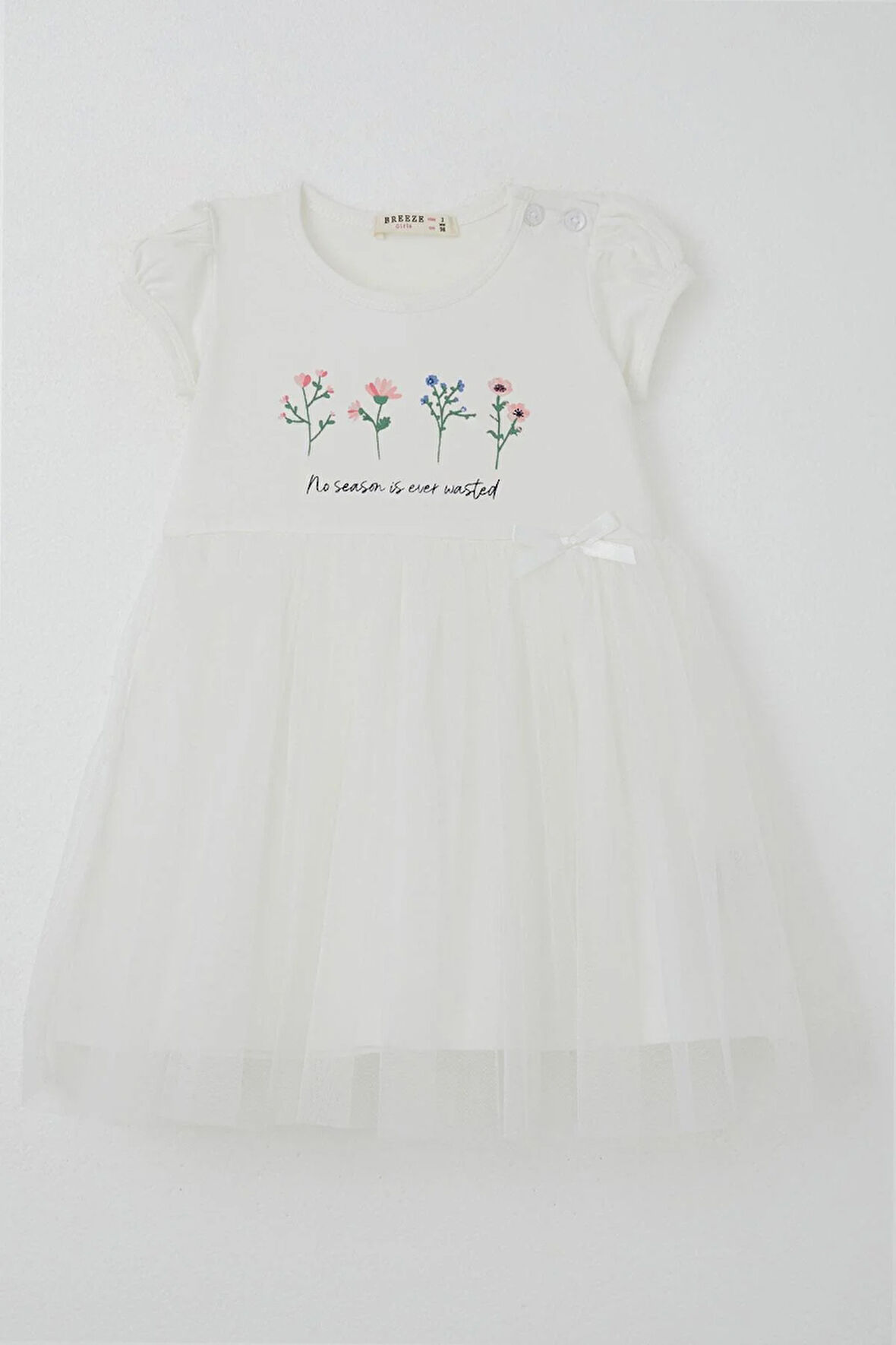 Breeze Kız Çocuk Elbise Çiçek Baskılı Tüllü Fiyonk Detaylı 1.5-5 Yaş, Ekru