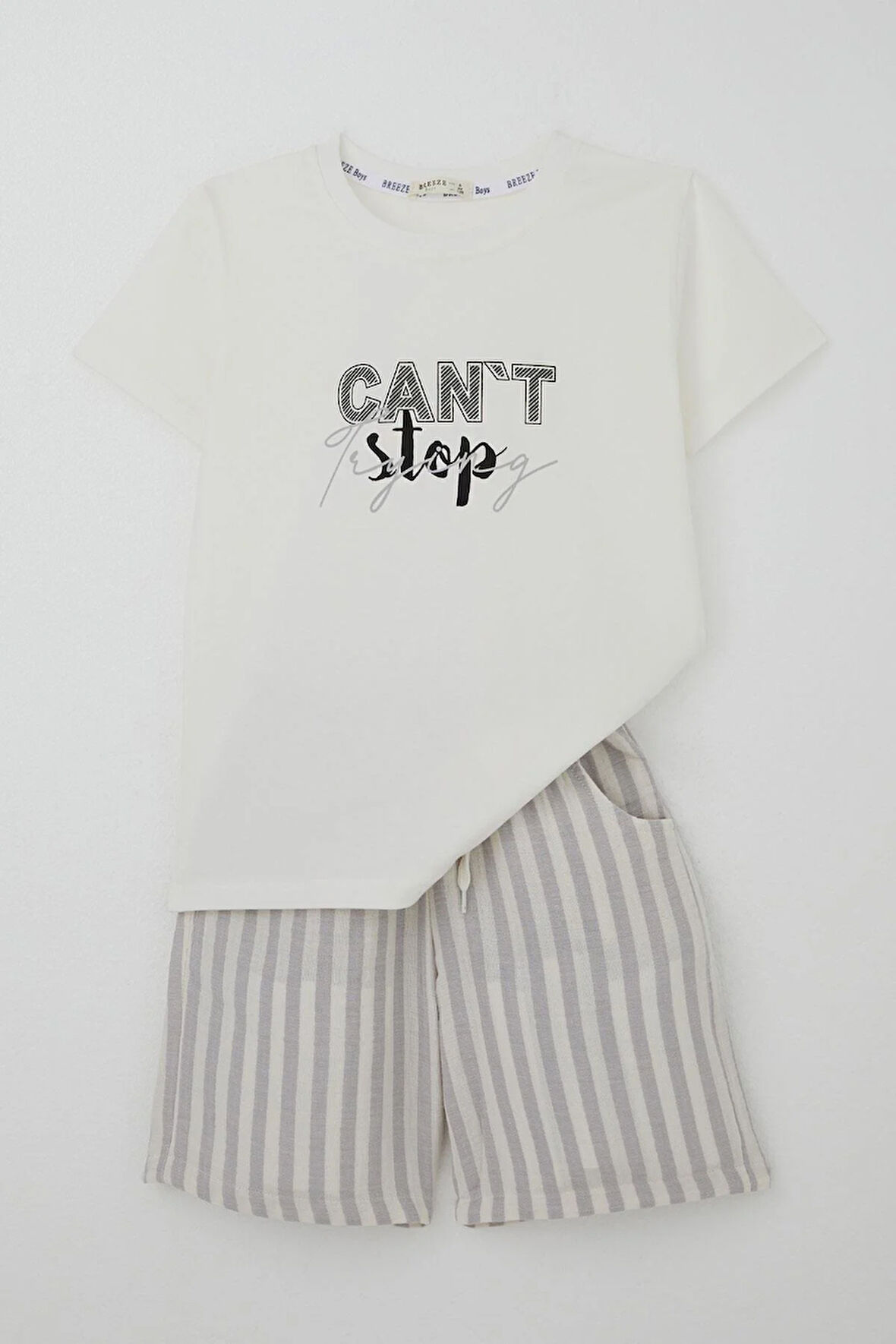 Breeze Erkek Çocuk Şortlu Takım Yazı Baskılı Bağcık Aksesuarlı 4-8 Yaş, Ekru