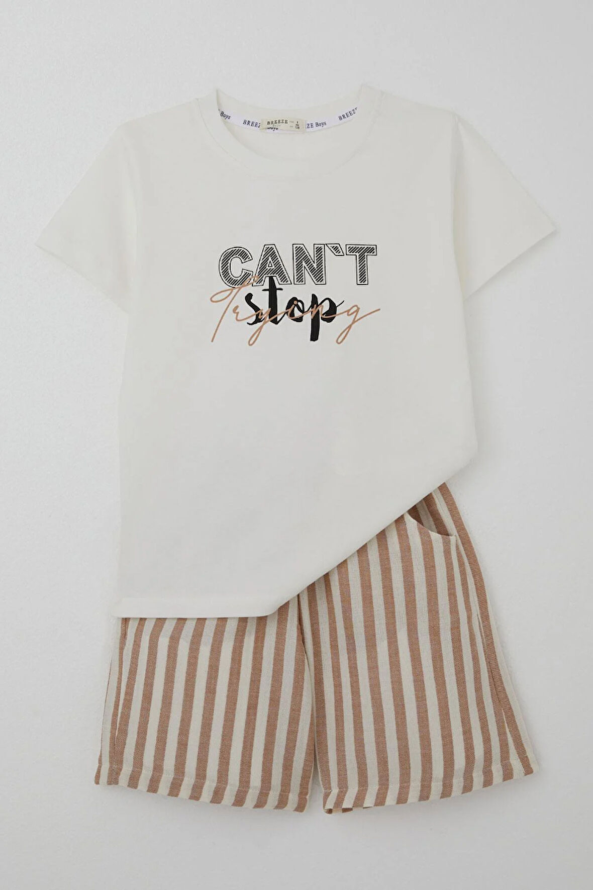 Breeze Erkek Çocuk Şortlu Takım Yazı Baskılı Bağcık Aksesuarlı 4-8 Yaş, Ekru