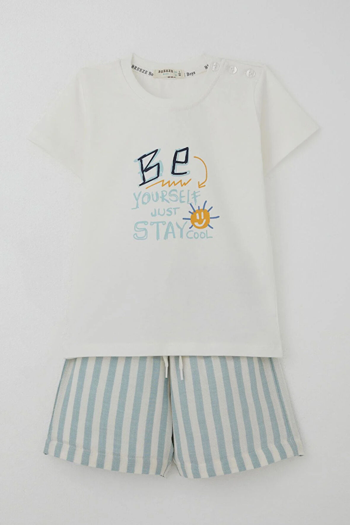 Breeze Erkek Bebek Şortlu Takım Motivasyon Temalı Bağcık Aksesuarlı 9 Ay-3 Yaş, Ekru