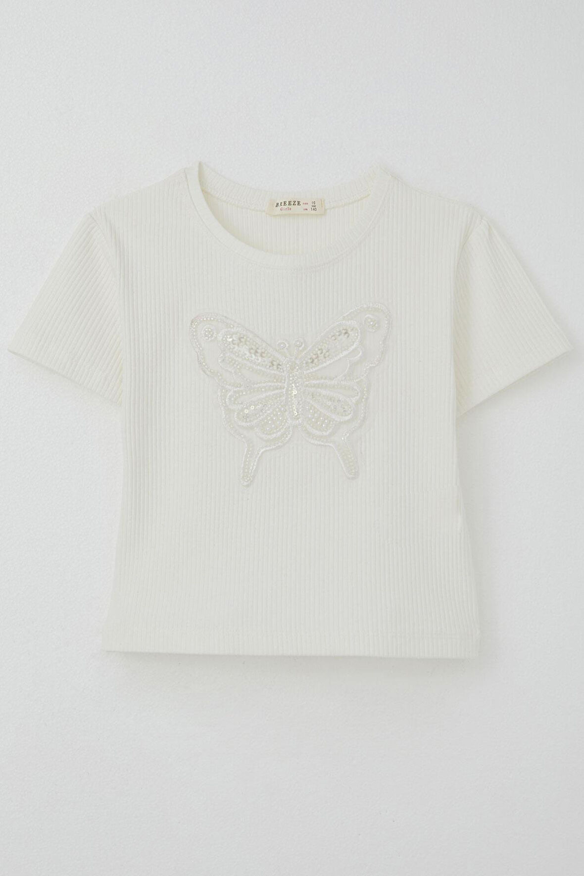Breeze Kız Çocuk Tişört Kelebek Armalı İnci & Pul Detaylı 9-14 Yaş, Ekru