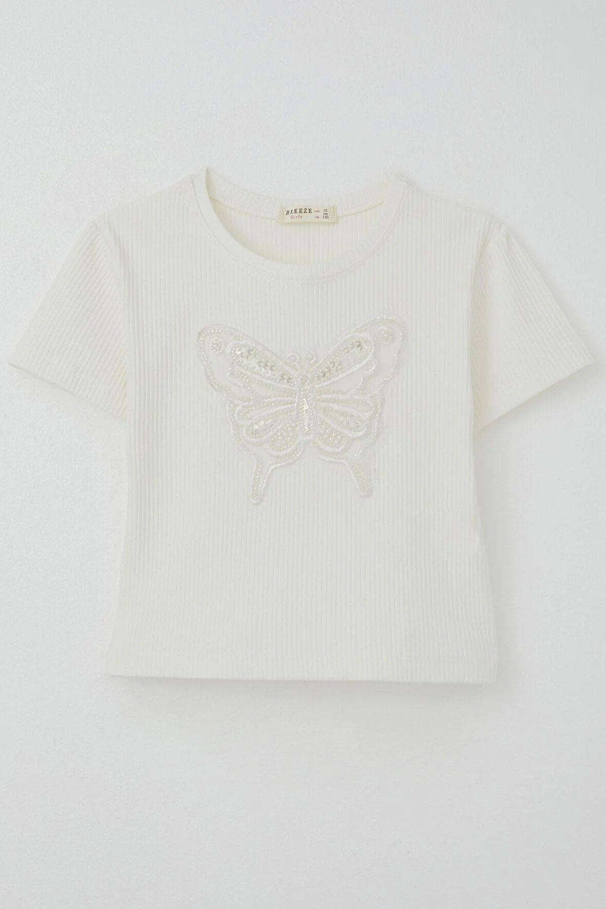 Breeze Kız Çocuk Tişört Kelebek Armalı İnci & Pul Detaylı 9-14 Yaş, Ekru