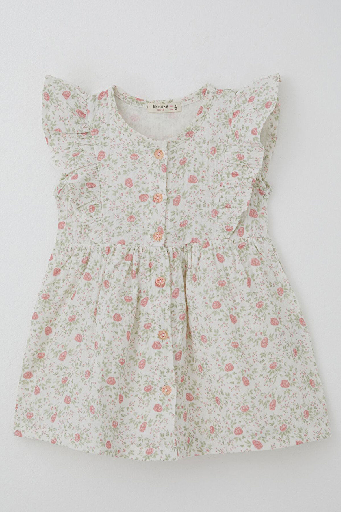 Breeze Kız Çocuk Elbise Çiçek Desenli Önden Düğme Detaylı 2-6 Yaş, Ekru