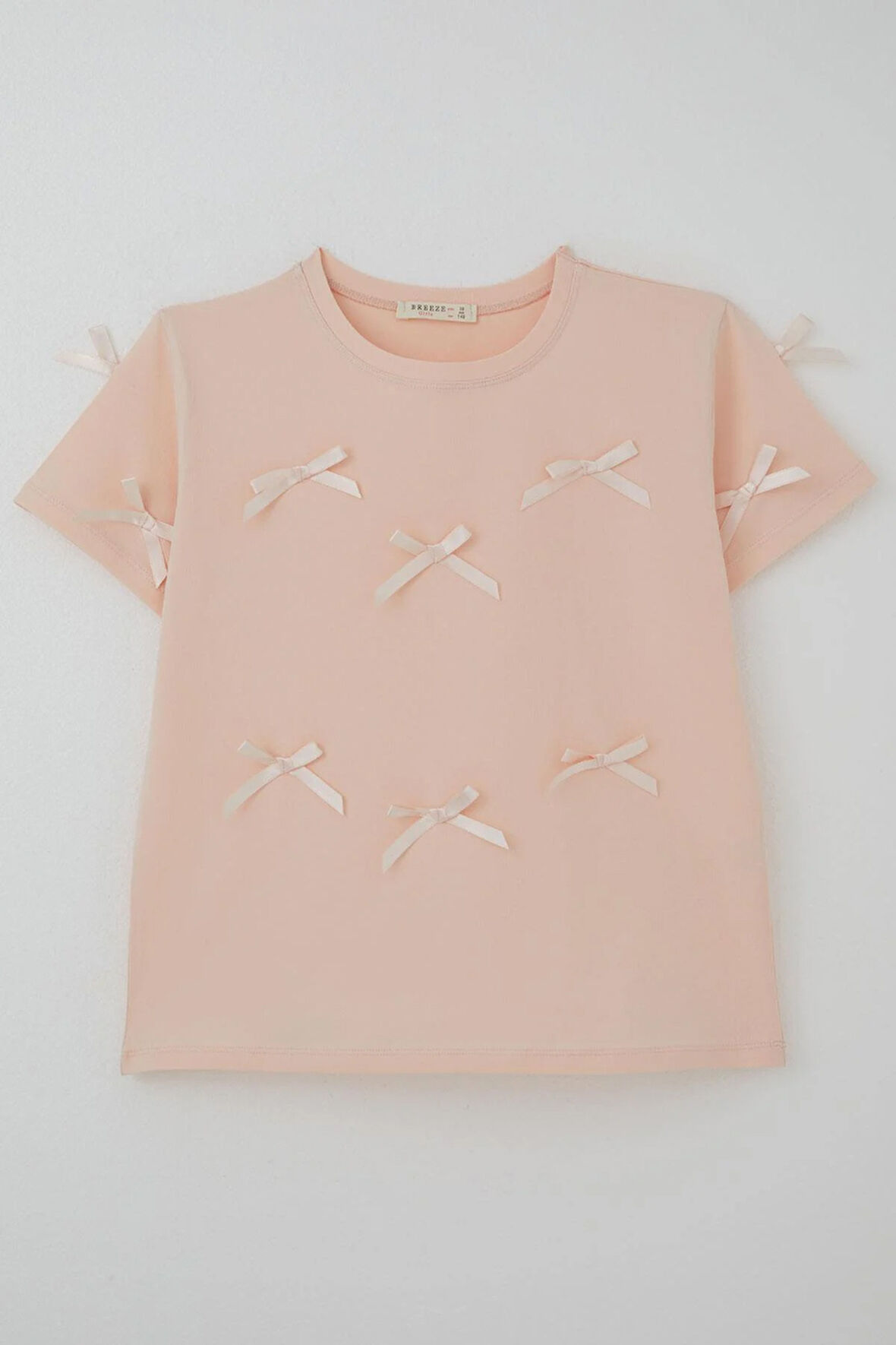Breeze Kız Çocuk Tişört Fiyonk Aksesuar Detaylı 9-14 Yaş, Pudra