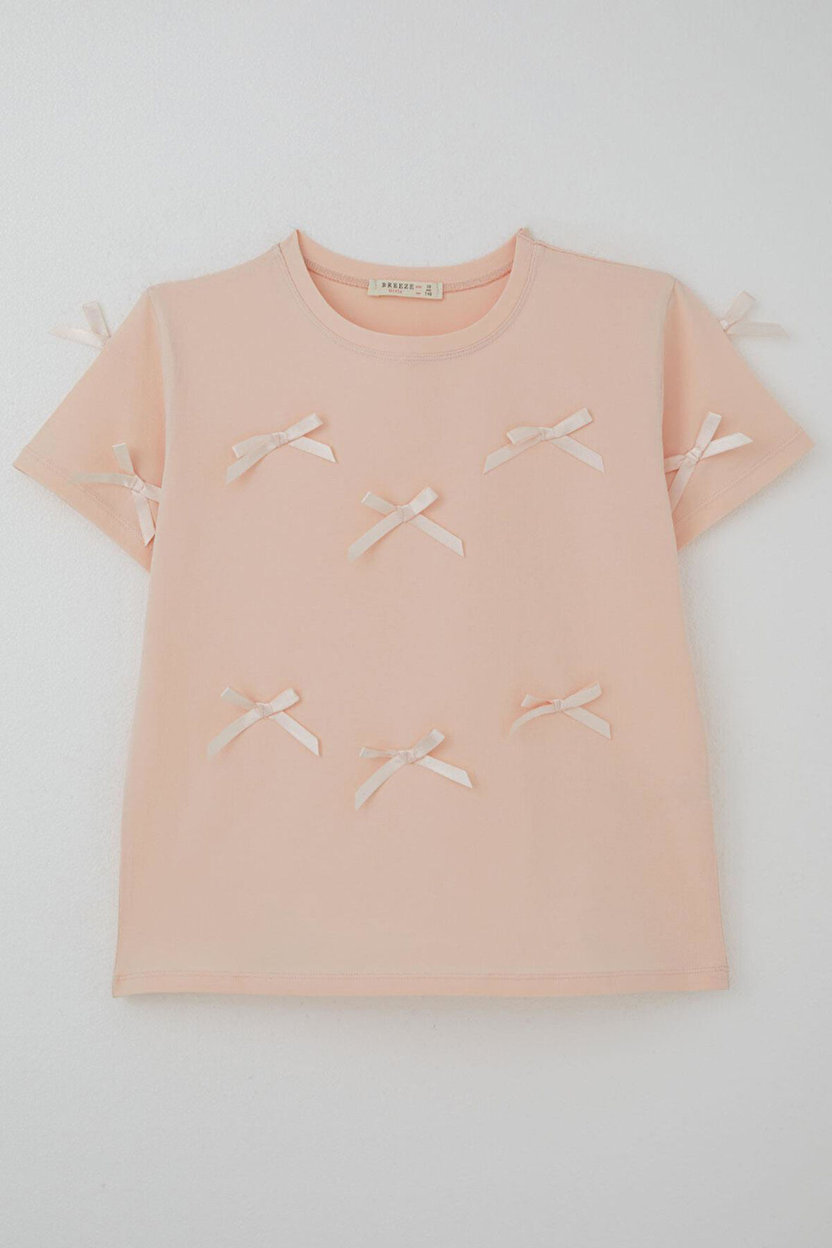 Breeze Kız Çocuk Tişört Fiyonk Aksesuar Detaylı 9-14 Yaş, Pudra