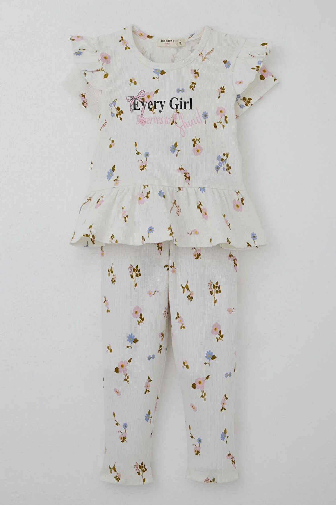 Breeze Kız Çocuk Taytlı Takım Çiçek Desenli Kolları Fırfır Detaylı 2-6 Yaş, Ekru