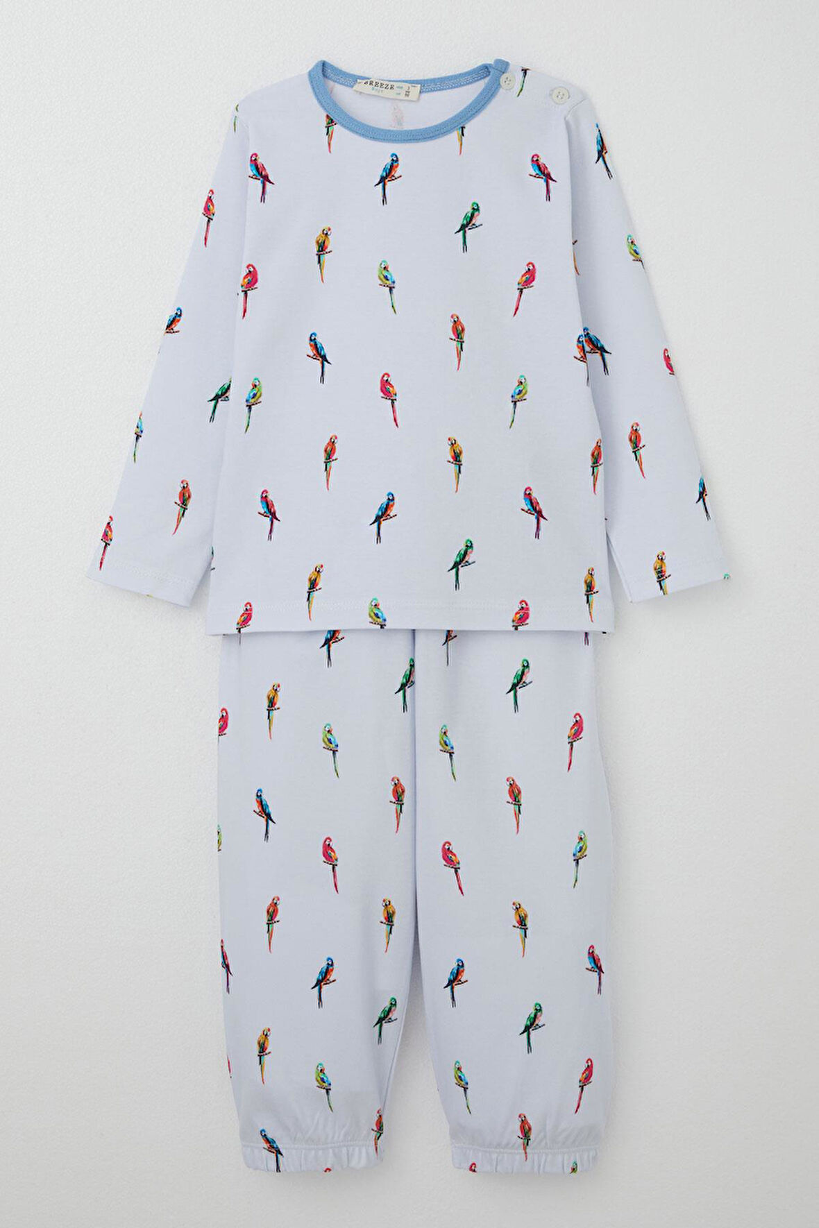 Breeze Erkek Çocuk Pijama Takımı Renkli Papağan Desenli 1-3 Yaş, Buz Mavisi