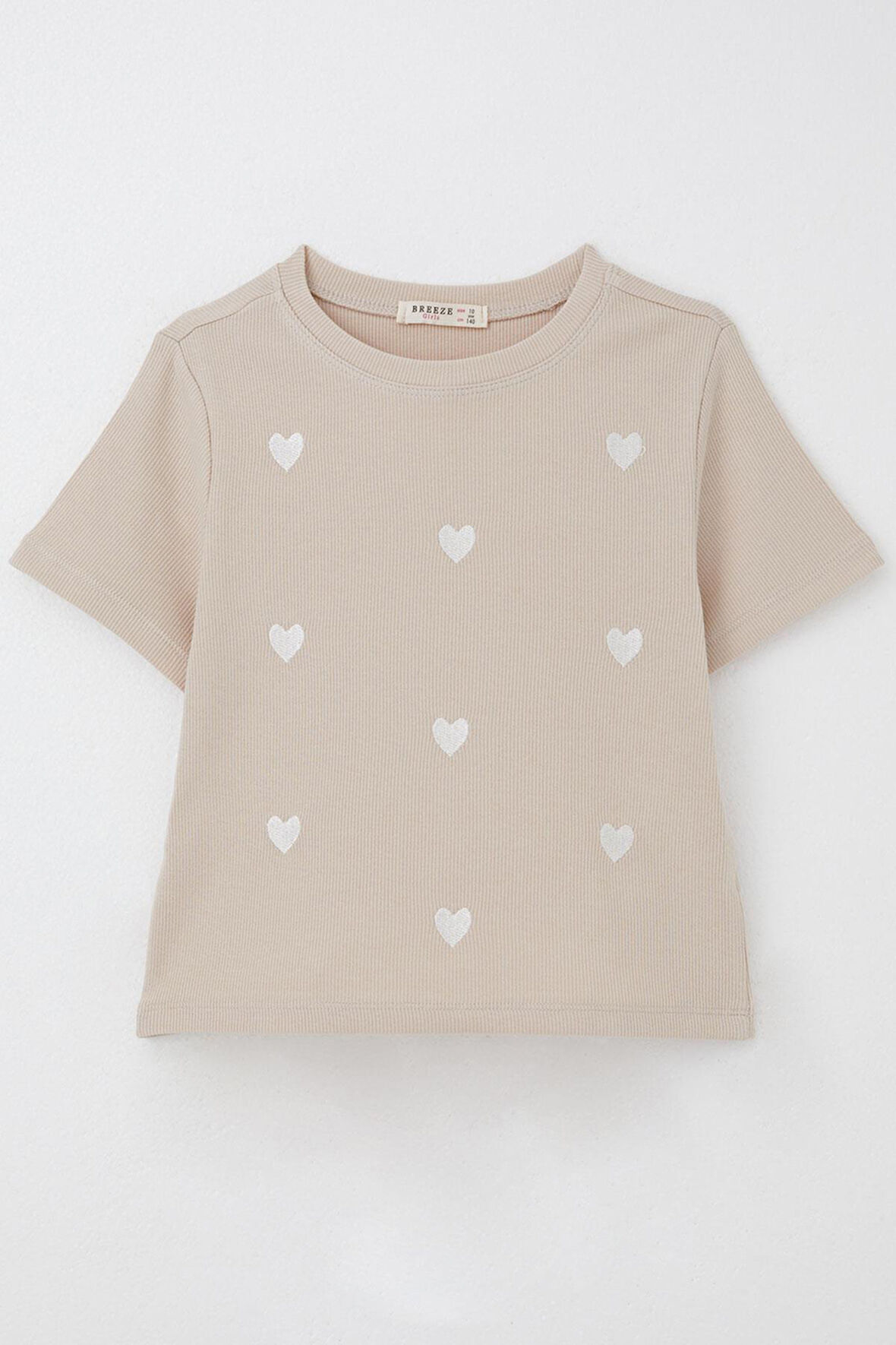 Breeze Kız Çocuk Tişört Kalp Nakış Detaylı 9-14 Yaş, Bej