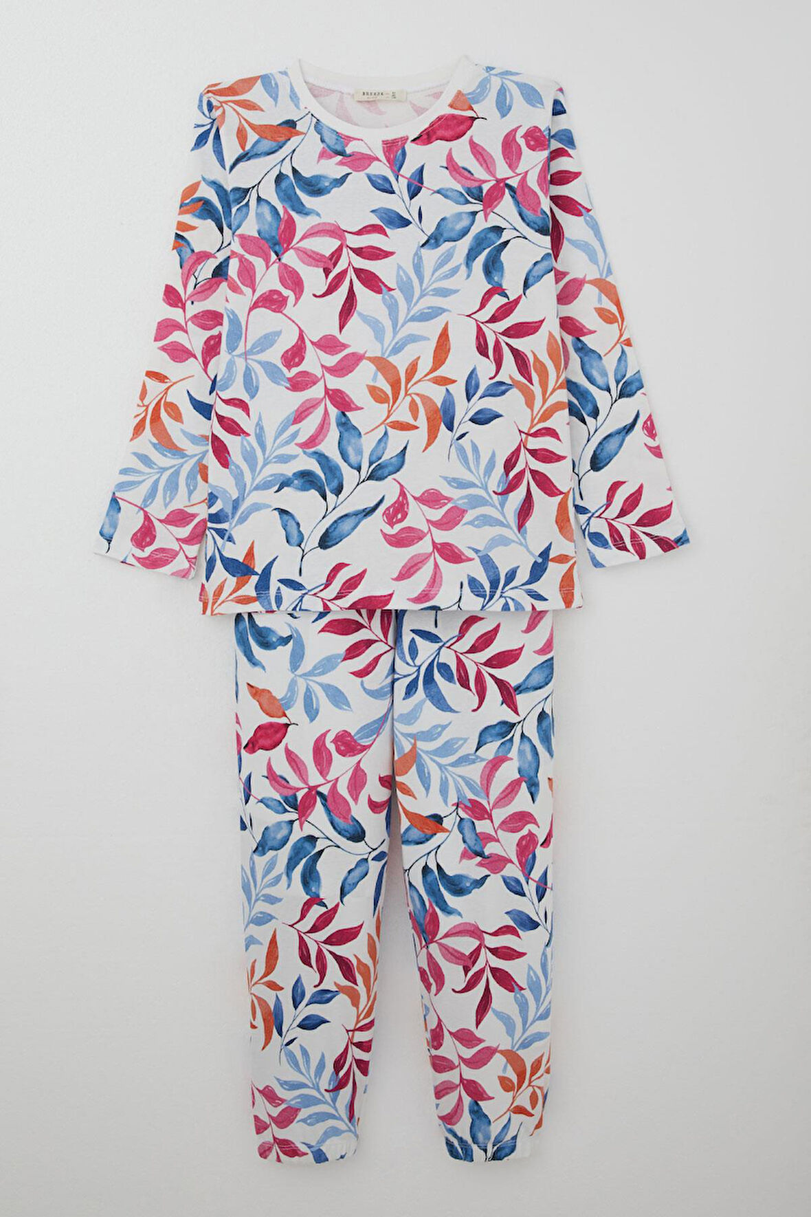 Breeze Kız Çocuk Pijama Takımı Renkli Yaprak Desenli 9-12 Yaş, Beyaz