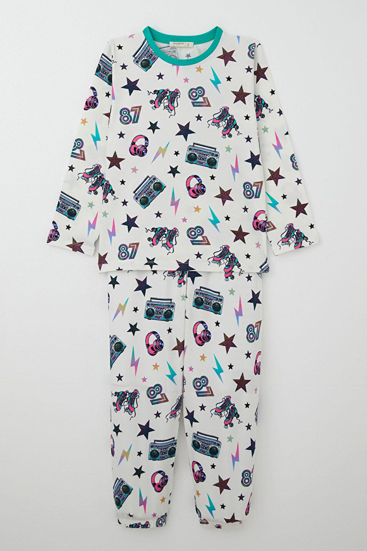 Breeze Kız Çocuk Pijama Takımı Müzik Temalı Yıldız Desenli 4-8 Yaş, Ekru
