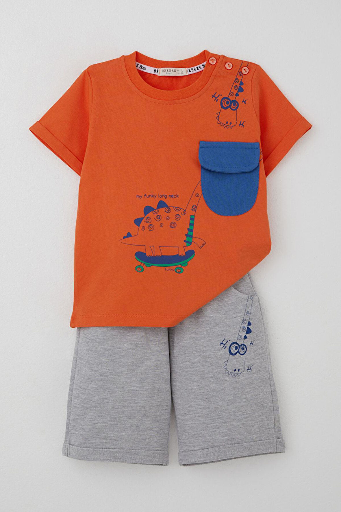 Breeze Erkek Çocuk Şortlu Takım Kaykaycı Dinozor Baskılı Cep Kısmı Kapak Detaylı 2-6 Yaş, Kiremit