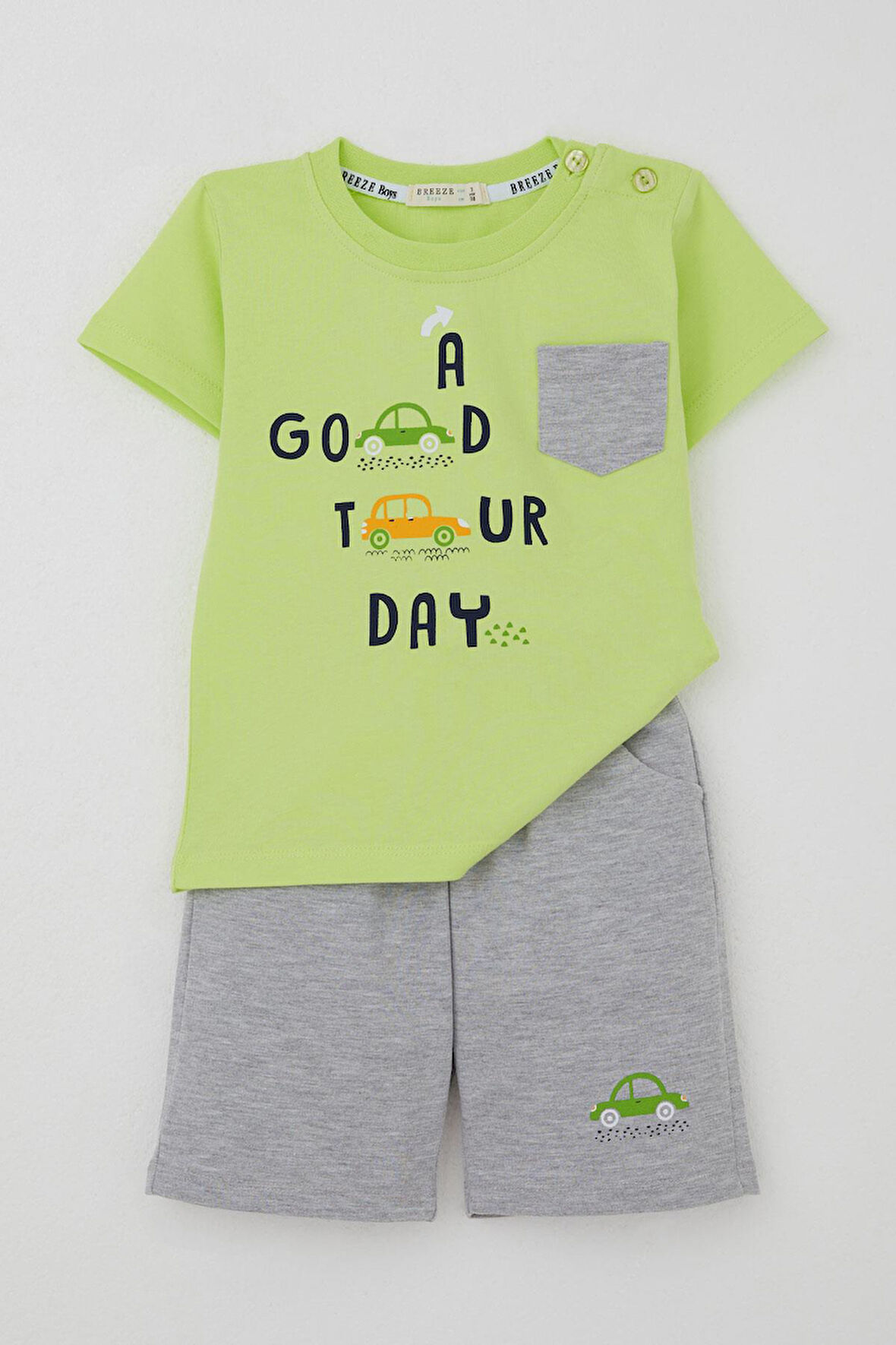 Breeze Erkek Çocuk Şortlu Takım Araba Baskılı Cep Detaylı 1.5-5 Yaş, Fıstık Yeşili