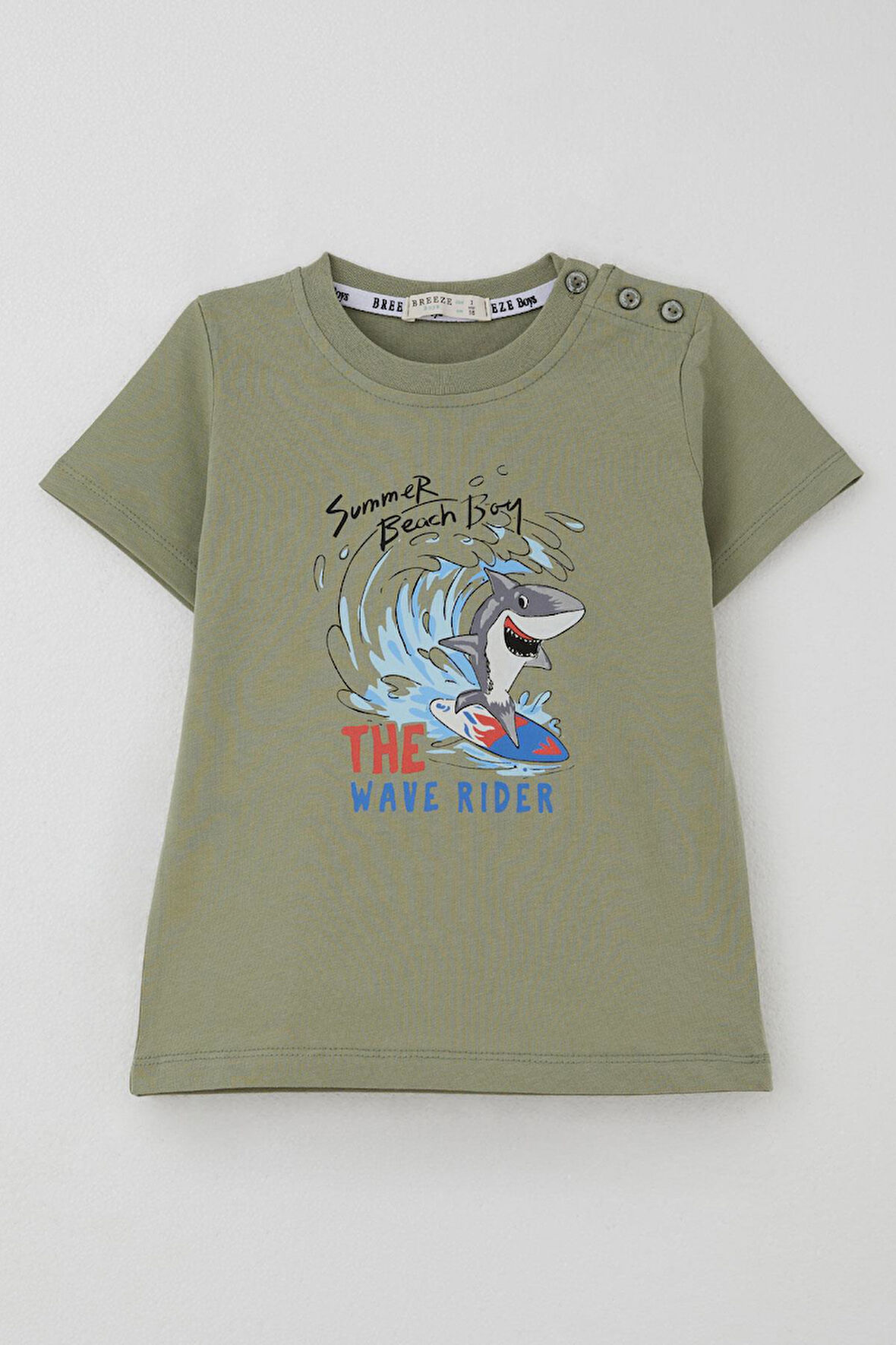 Breeze Erkek Çocuk Tişört Sörfçü Sevimli Köpek Balığı Baskılı 1.5-5 Yaş, Haki Yeşil