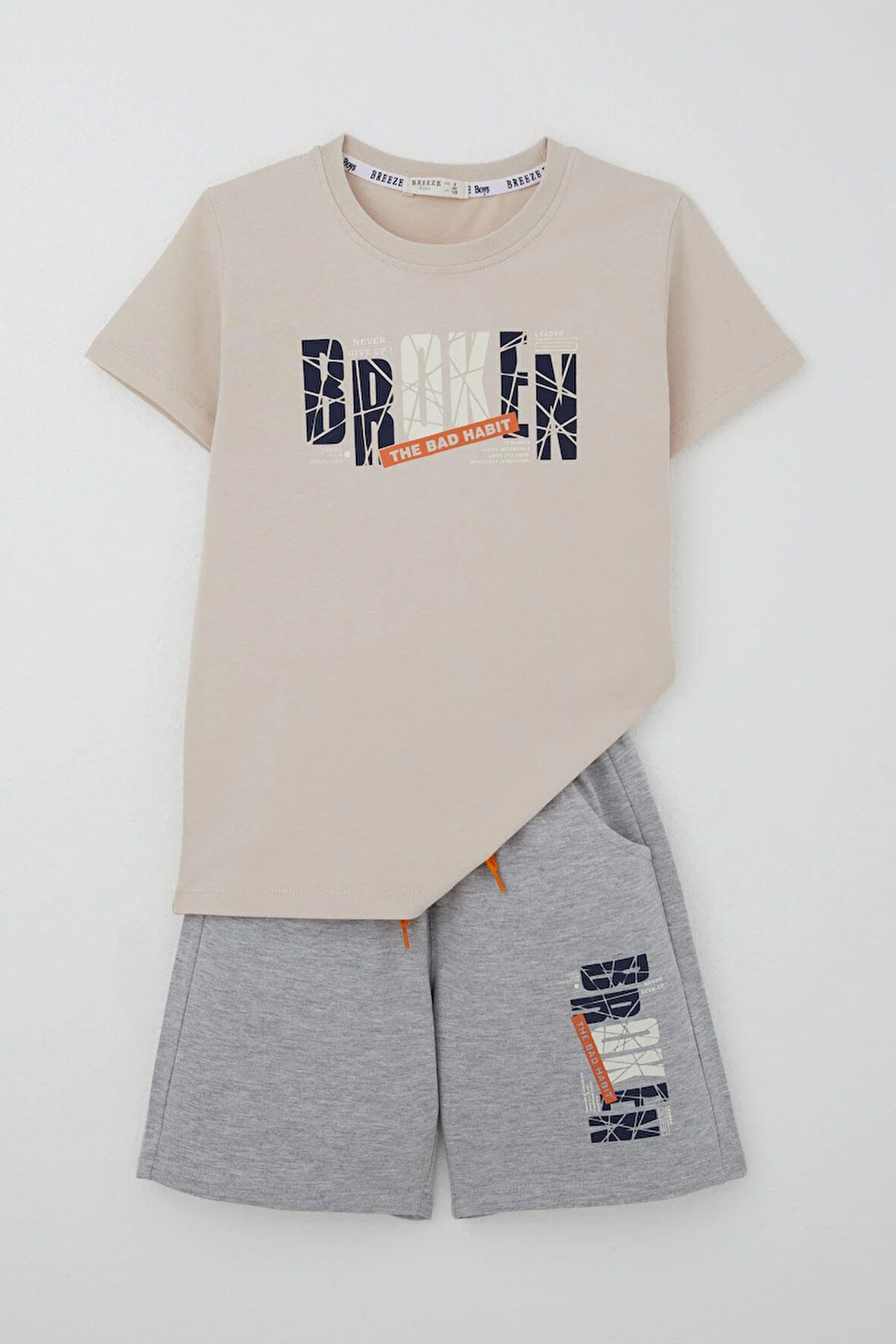 Breeze Erkek Çocuk Şortlu Takım Yazı Baskılı Bağcık Aksesuarlı 8-14 Yaş, Bej