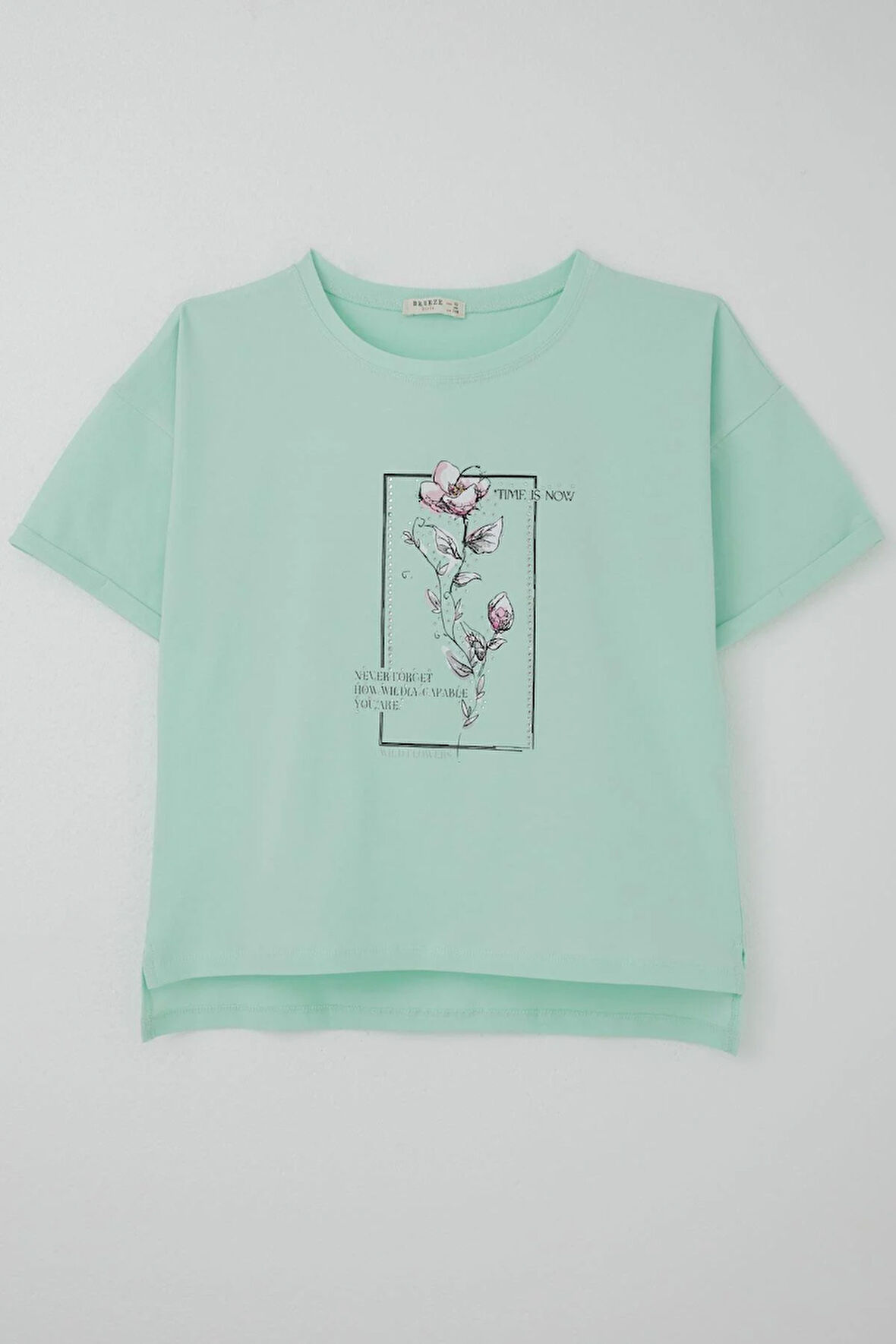 Breeze Kız Çocuk Tişört Taş Aksesuarlı Çiçek Baskılı 9-16 Yaş, Su Yeşili